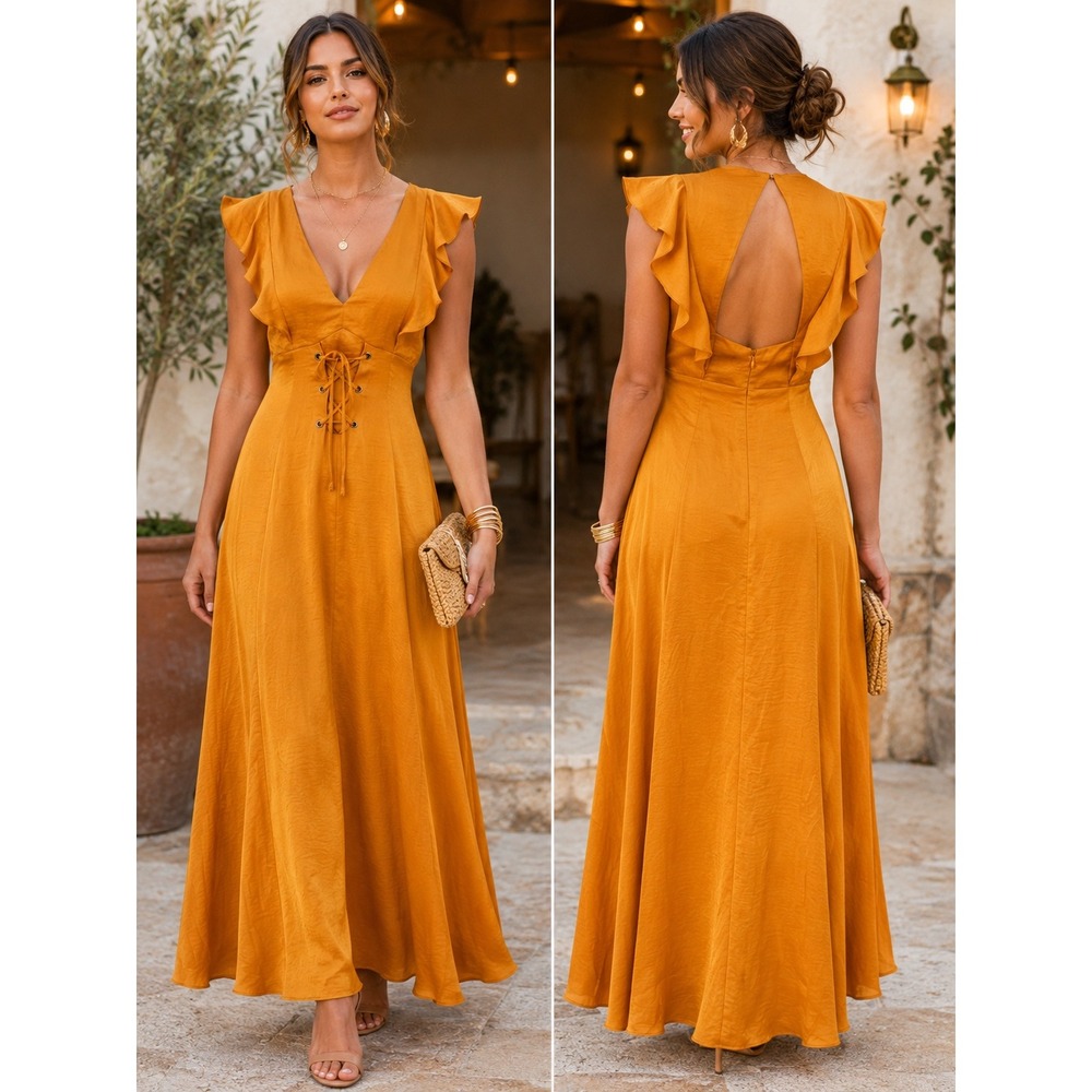 BCBGeneration Maxi Dress Womens 4 Mustard Yellow Lace Up Ruffle Open Back Boho